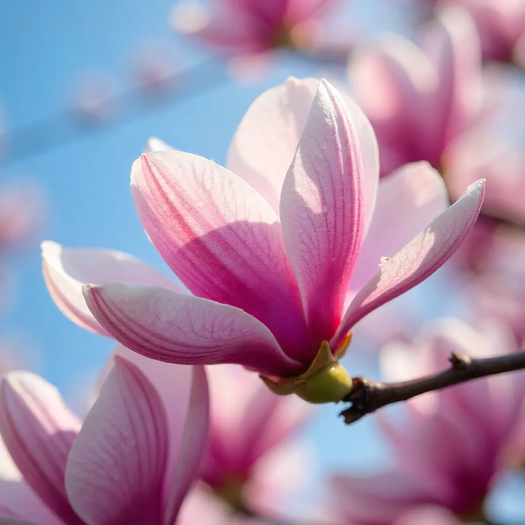 Close-up pink magnolia blossoms against blue sky