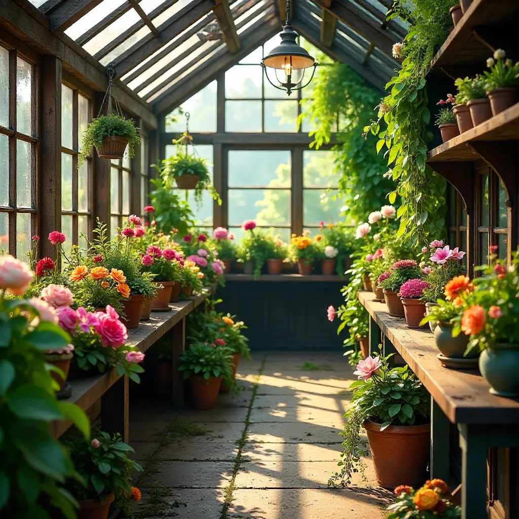 Vintage Greenhouse Interior of Blooming Paradise