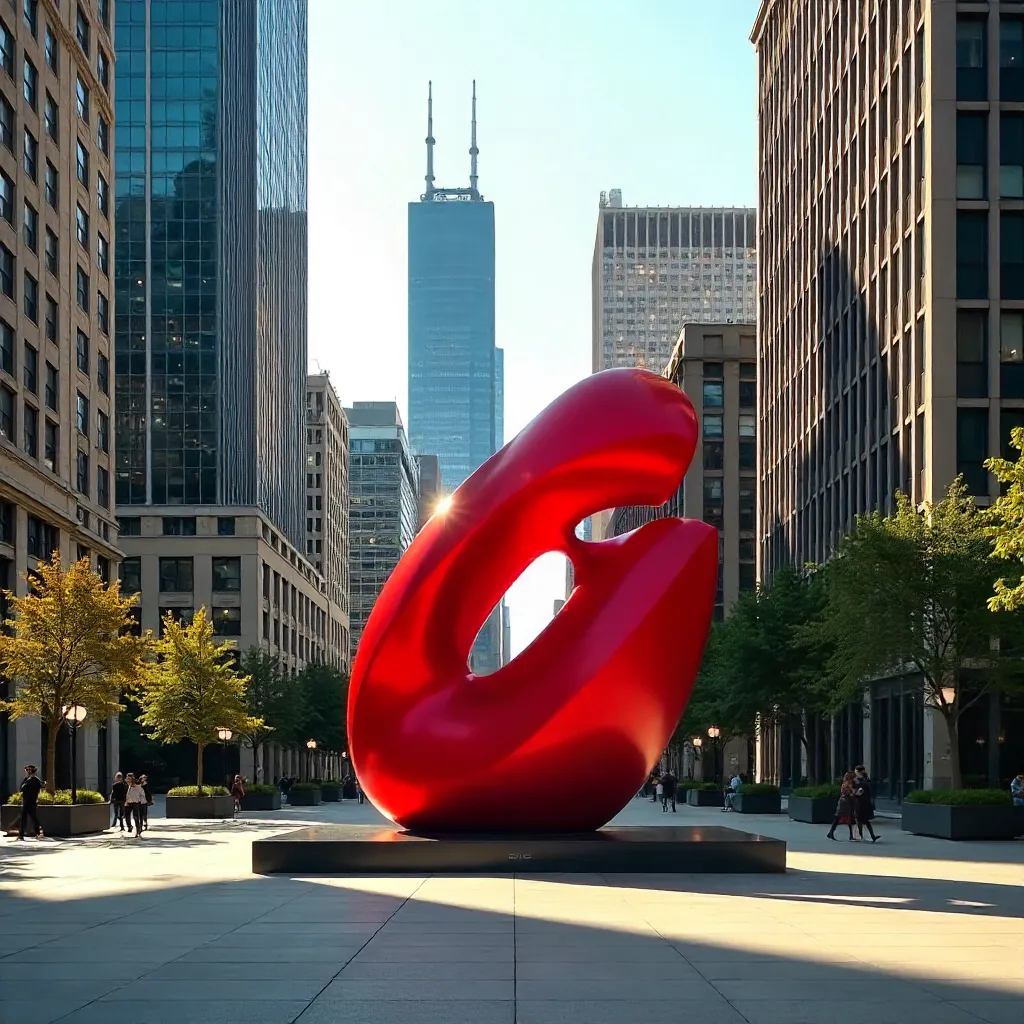 Crimson Sculpture Against Chicago Glass Skyline