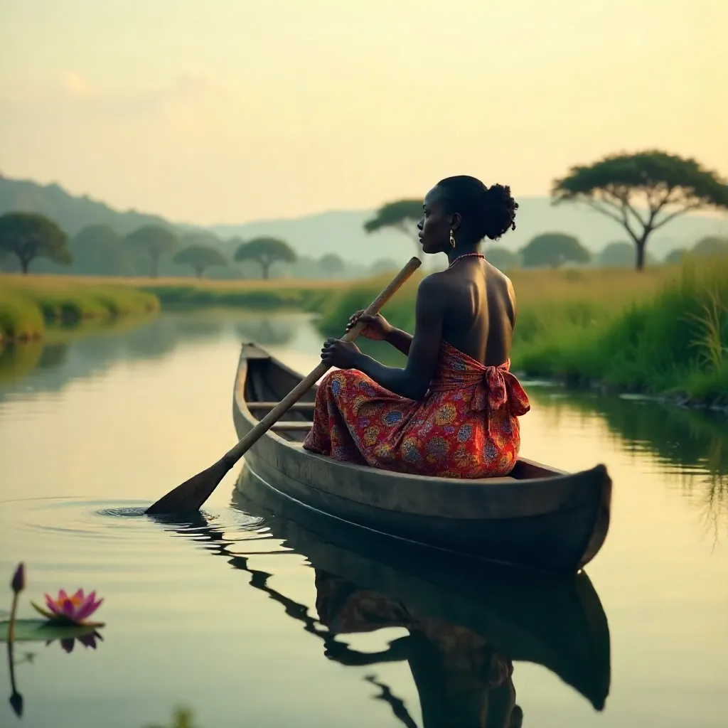 Tranquil Canoe Ride: African Woman on Serene Waters