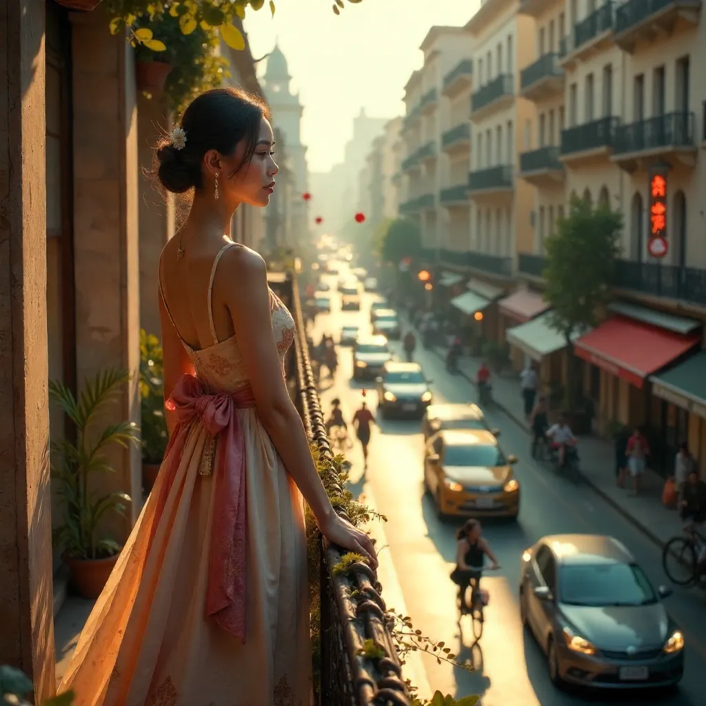 Balcony Reverie Over a Bustling Urban Street
