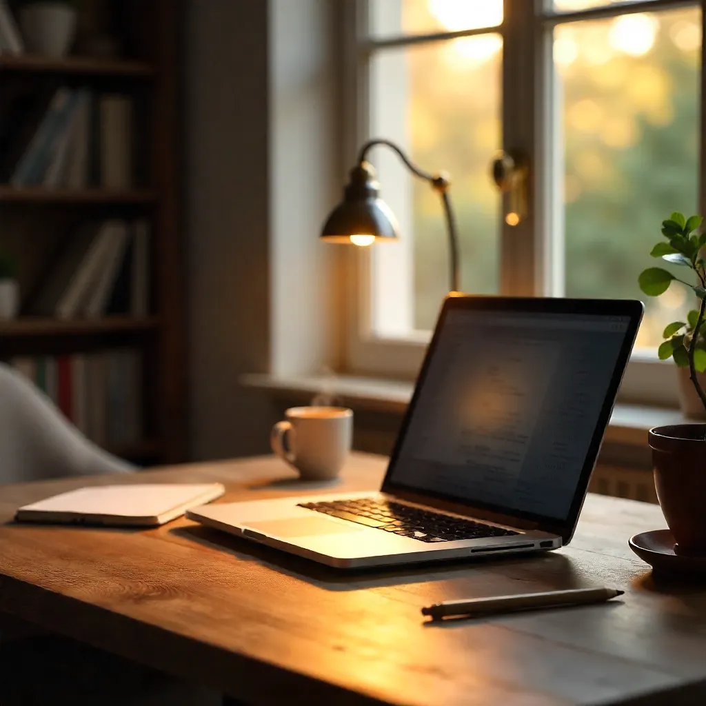 Cozy Warm Workspace with Laptop, Coffee