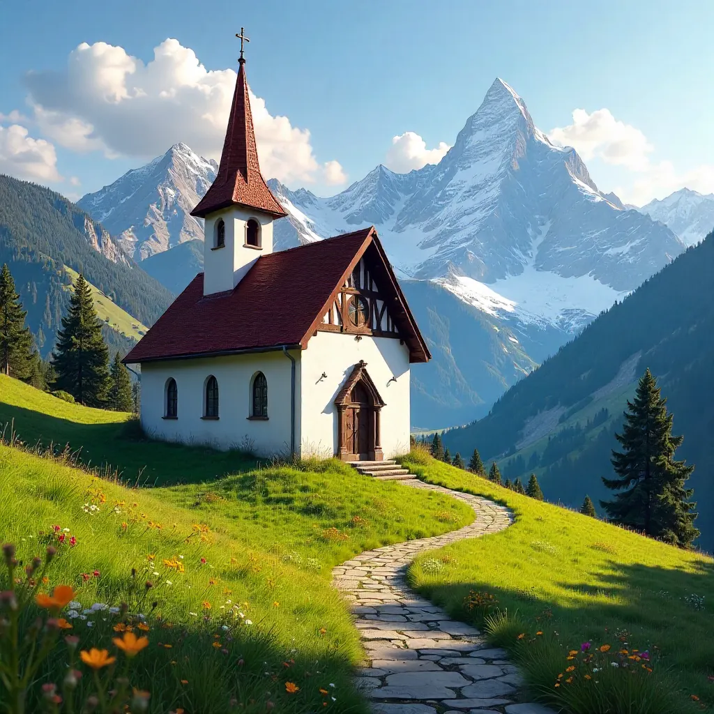 Alpine Church Amid Green Hills and Snow Peaks