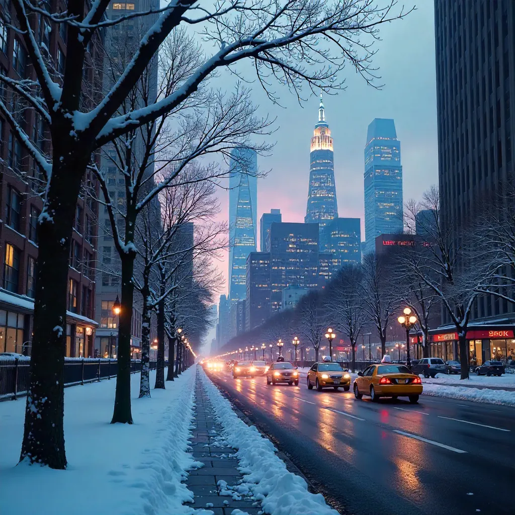 Winter Skyline: Snowy Trees and NYC Skyscrapers