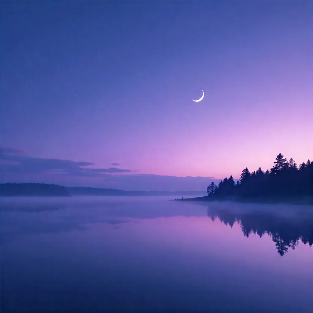 Thin Crescent Moon in Serene Purple Twilight