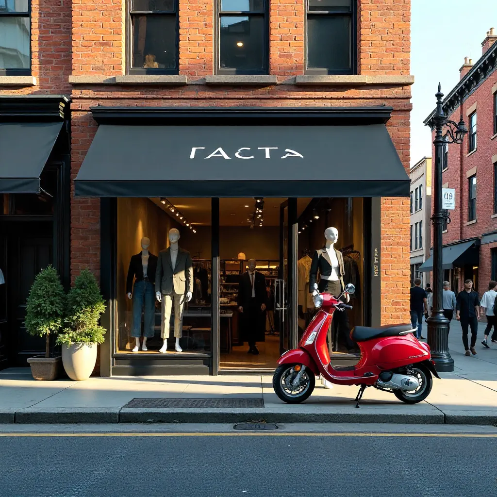 Sunlit Urban Fashion Boutique with Red Scooter