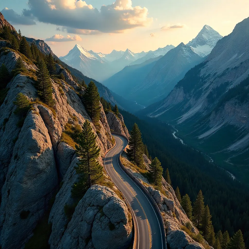 Aerial Winding Mountain Road Through Rugged Terrain