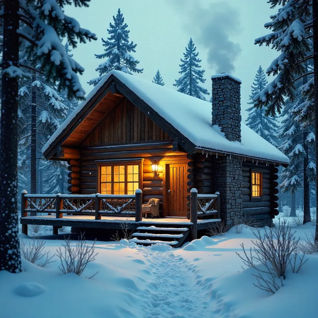 Charming Snowbound Log Cabin in a Serene Forest