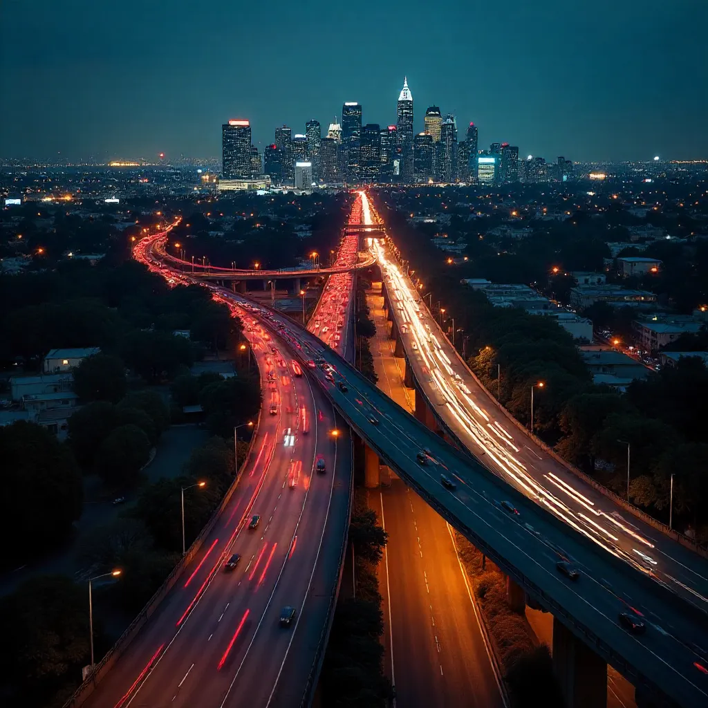 Aerial Night Rush: LA Freeways and Downtown Skyline