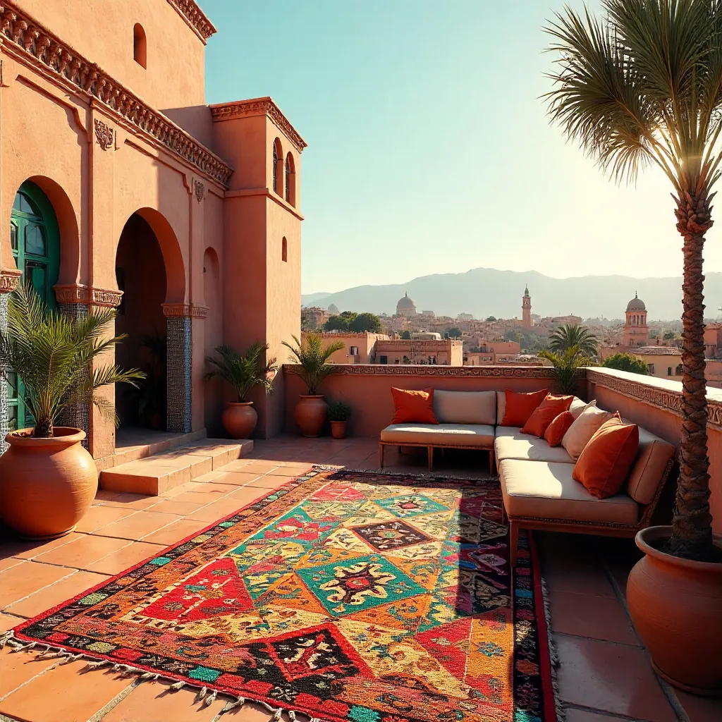 Colorful Marrakech Rooftop Rugs with Traditional Architecture