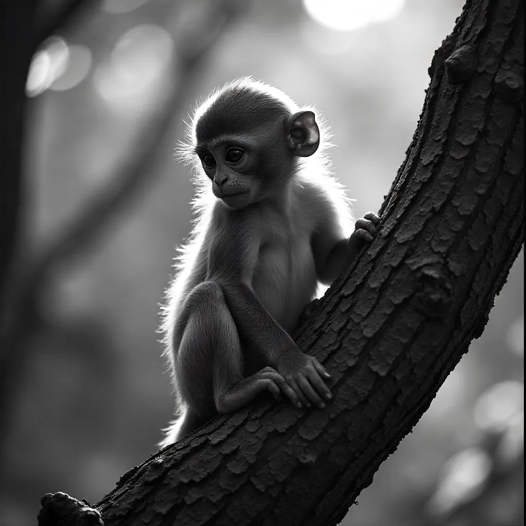 Thoughtful Young Monkey in a Monochrome Tree Portrait