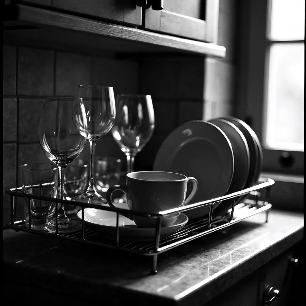 Monochrome Dish Rack with Glass and Ceramics