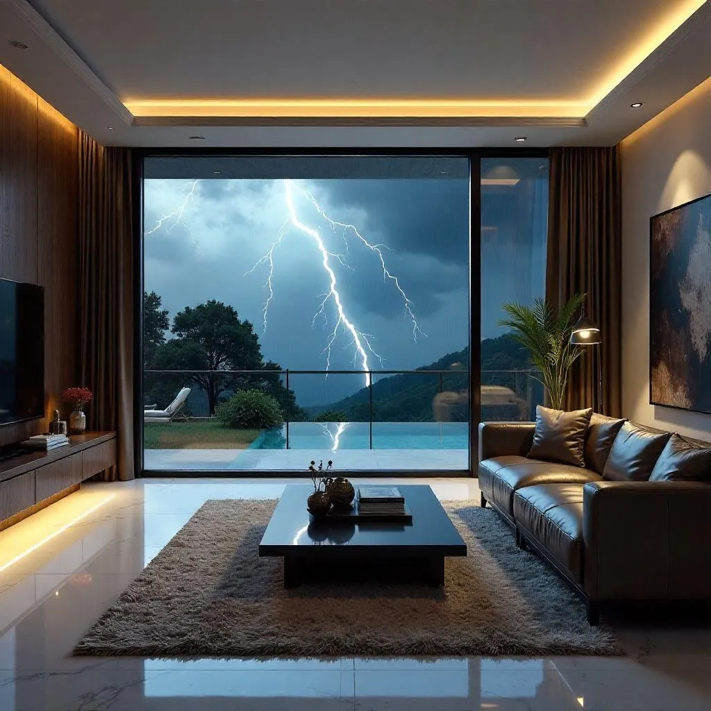 Stormy 3D Villa Interior During Thunderstorm