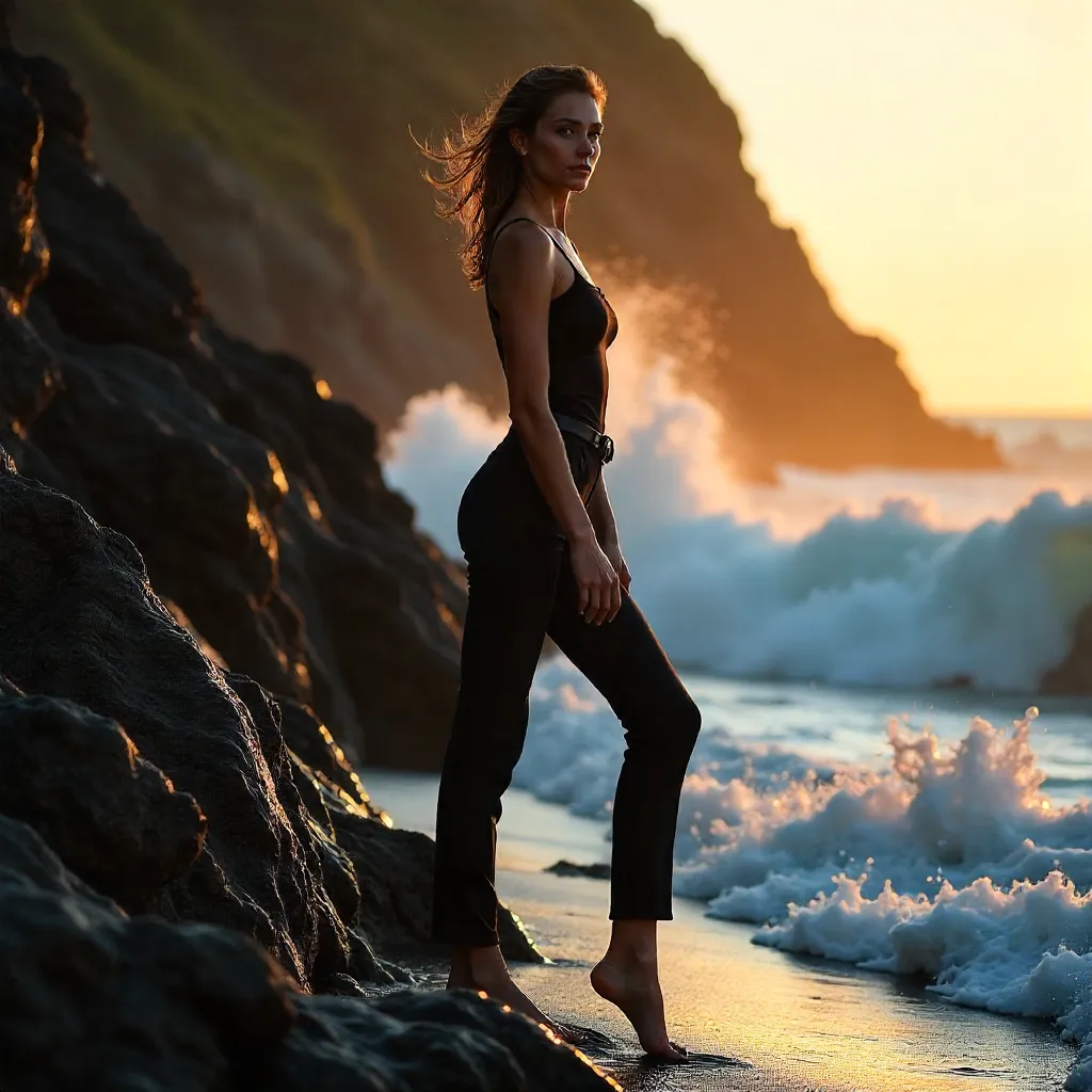 Graceful Black Attire on Ocean Rocks