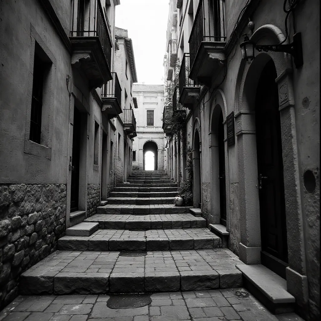 Monochrome Historic Alley with Stone Steps