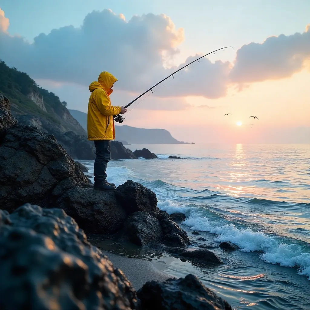 Solitary Angler in Yellow Jacket on a Rocky Coast