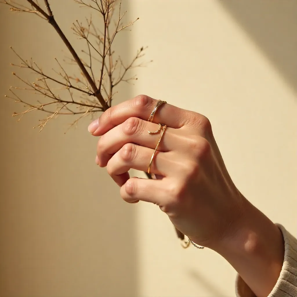 Elegant Minimalist Jewelry on a Hand with Dried Branch