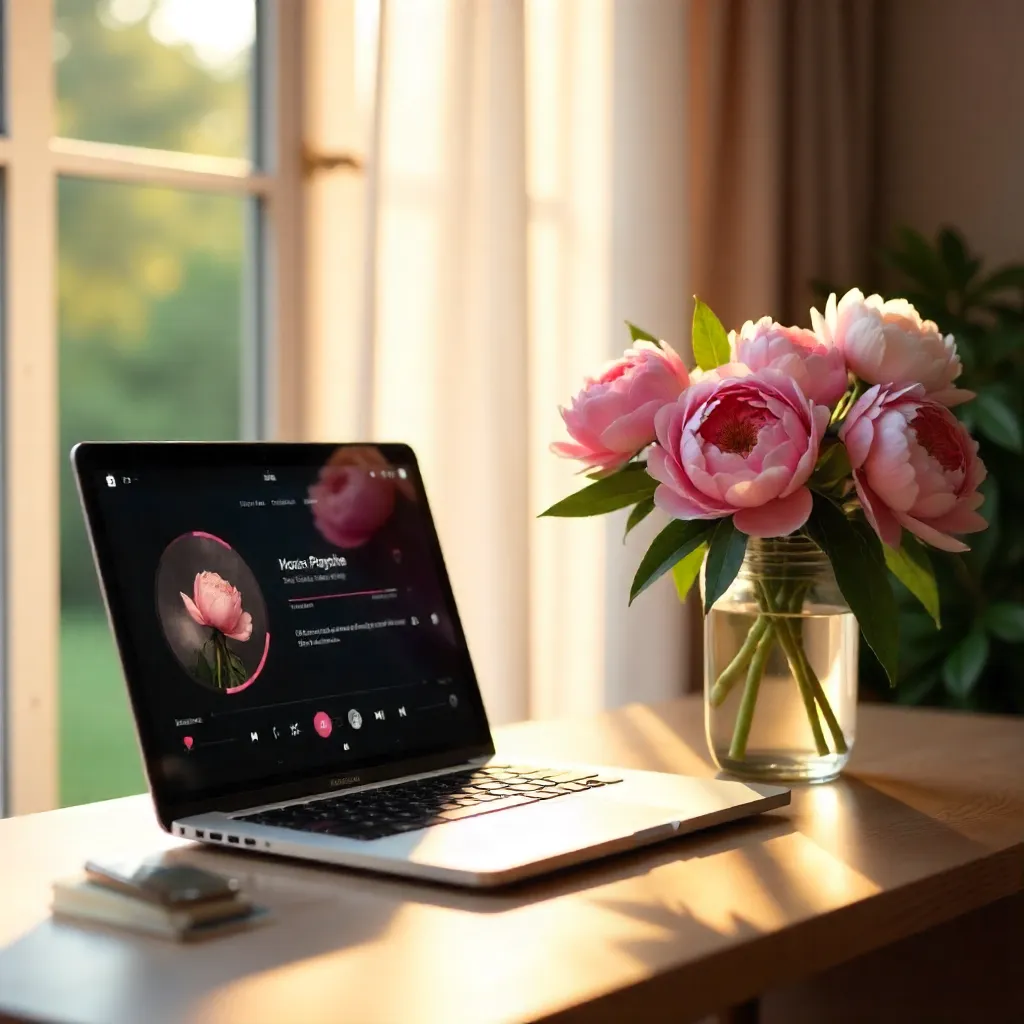 Serene Laptop with Peonies in Soft Light