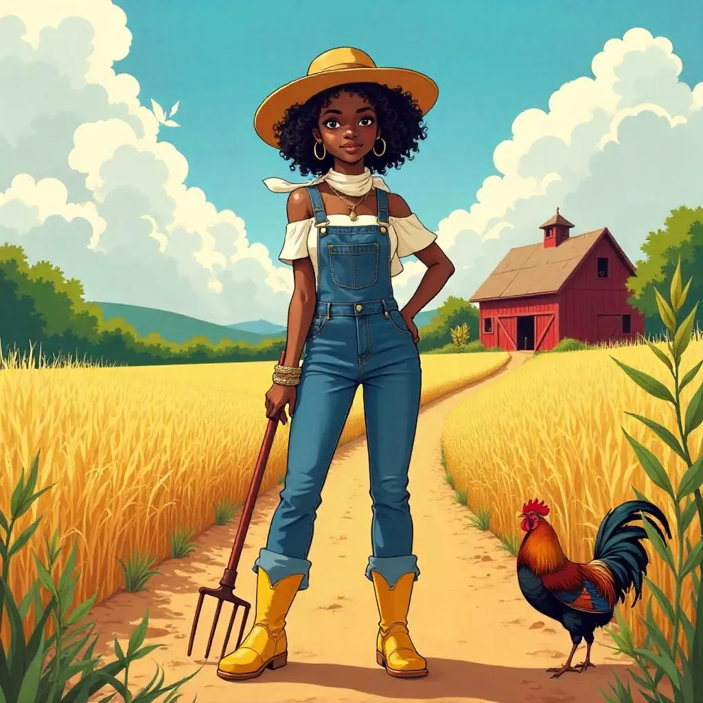 Anime Farm Chic: Stylish Black Girl in Sunset