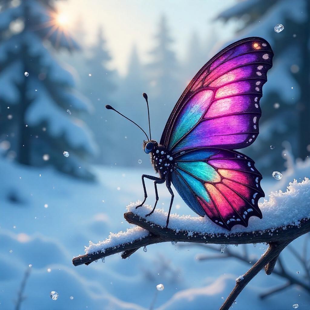 Iridescent butterfly in a snowy dreamscape