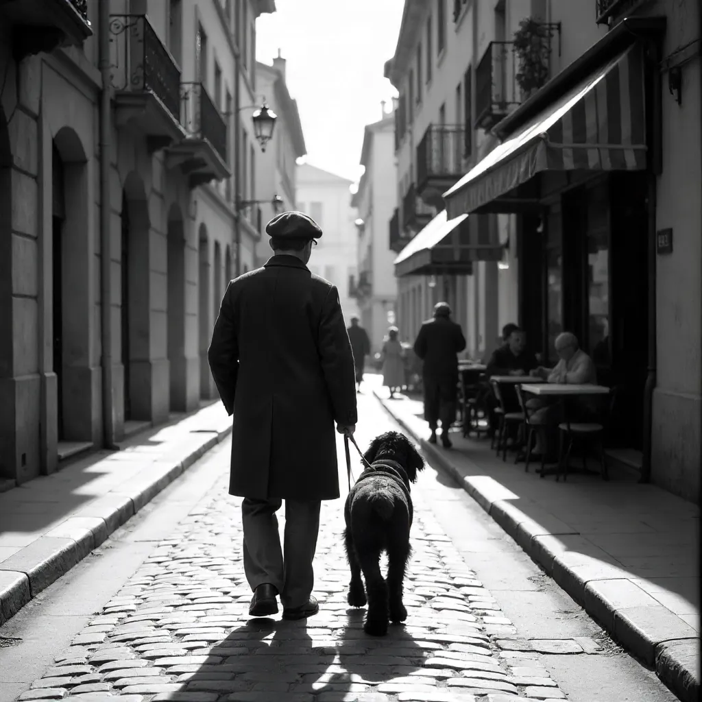 Monochrome Stroll: Irish Setter on a French Cobblestone Street