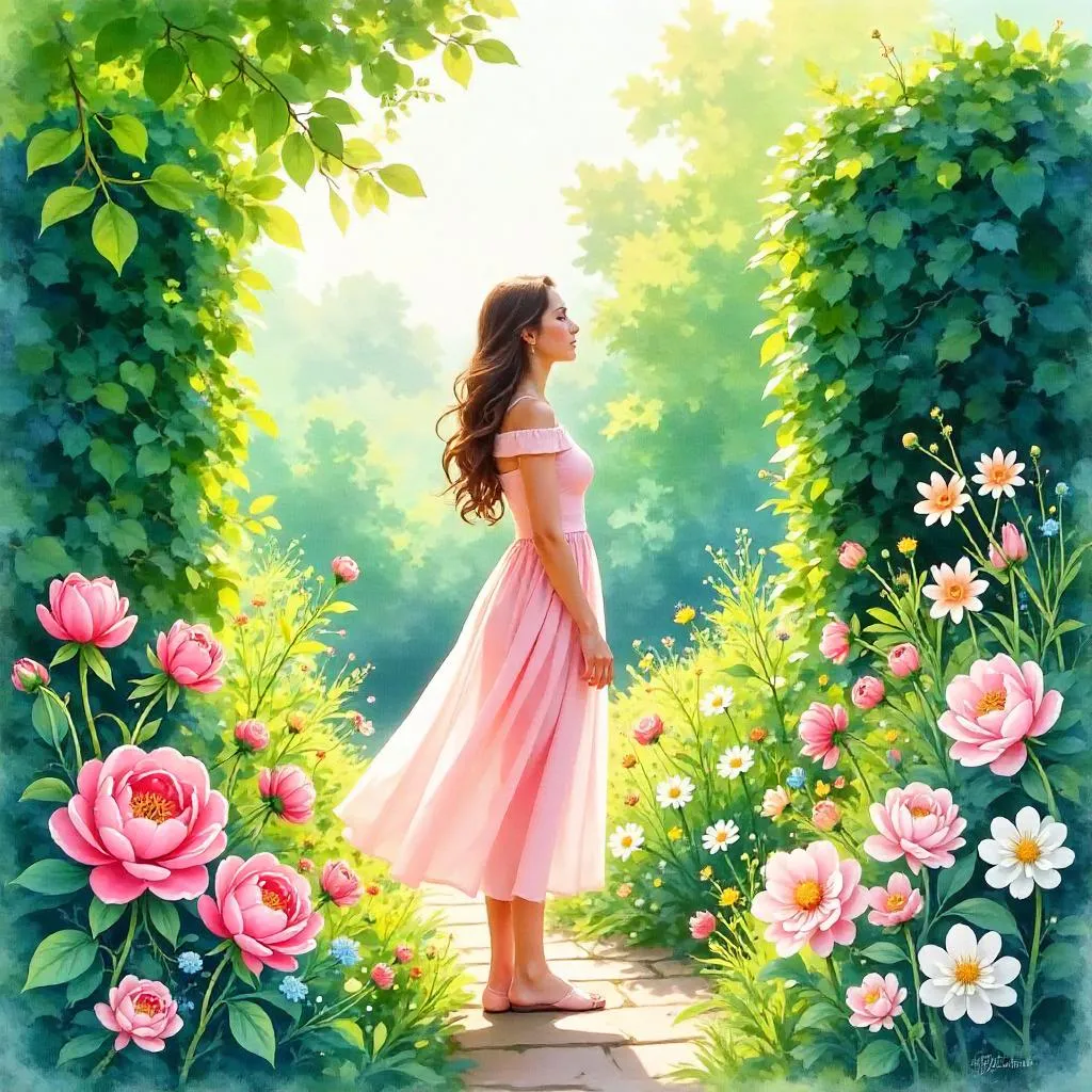 Watercolor Garden Muse: White Woman in Bloom