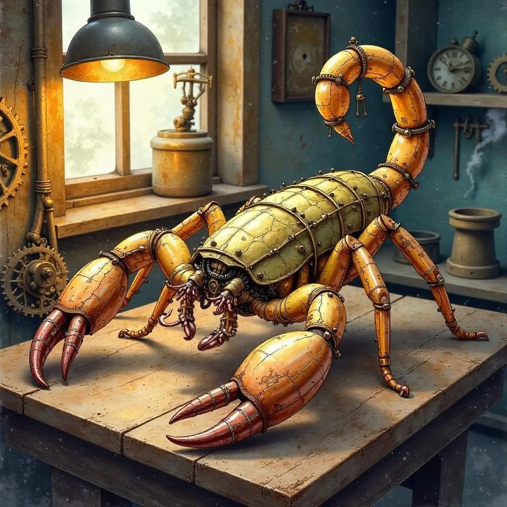 Brass Scorpion in a Steampunk Workshop