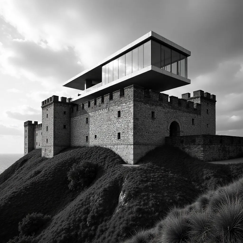 Stone Fortress Meets Modern Tower: Monochrome