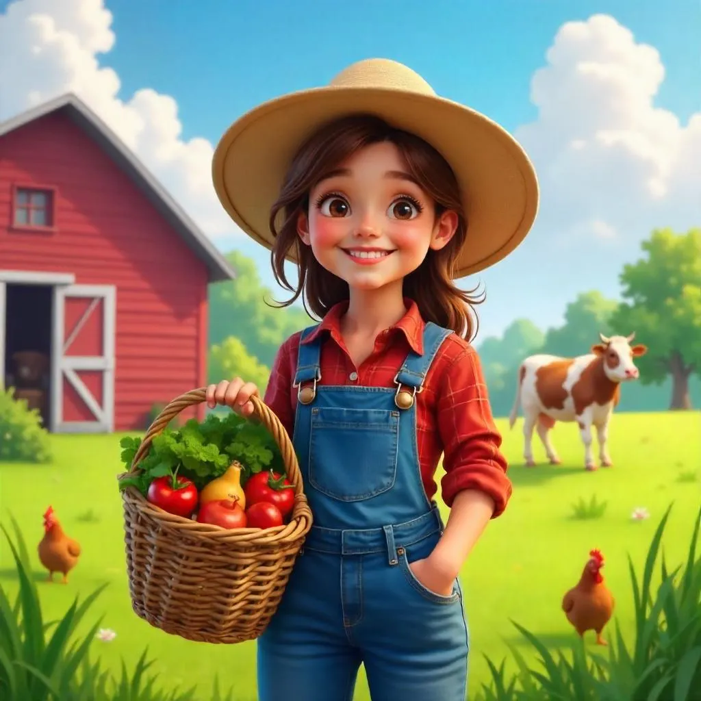 Cheerful Farm Day: Digital Art of a White Girl