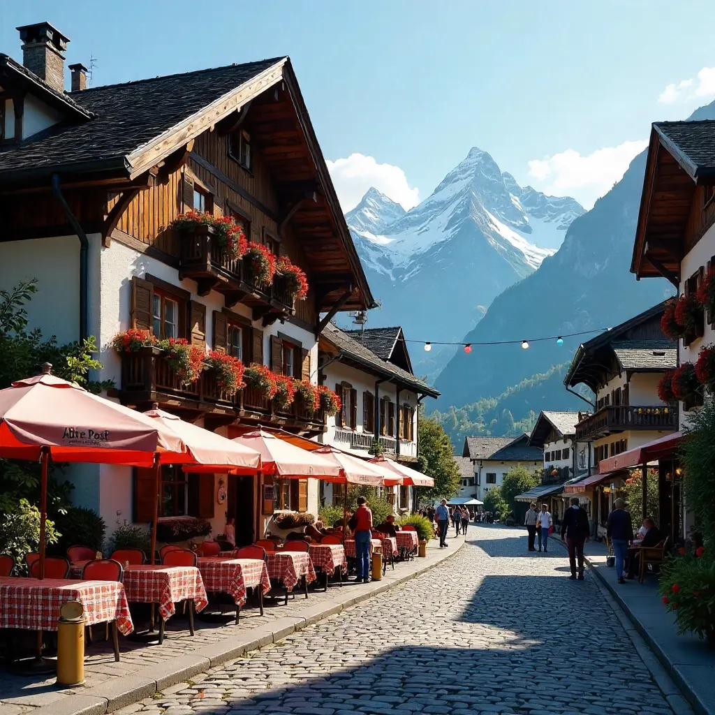 Alpine Grindelwald Street with Hotel Alte Post and Cafe