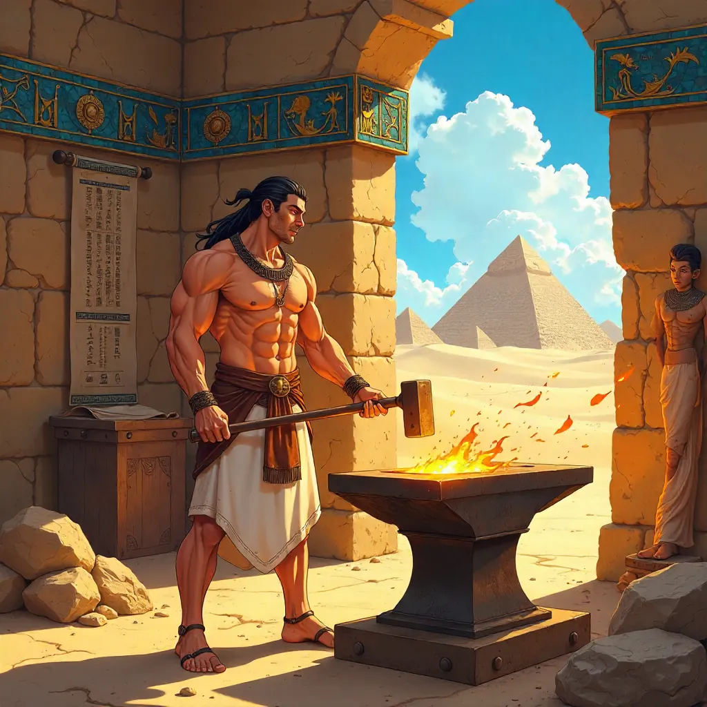 Anime Blacksmith in Ancient Egypt Forge
