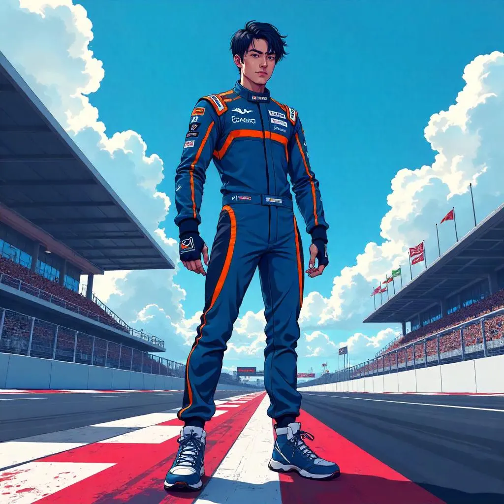 Athletic Asian Racer at Neon Race Track