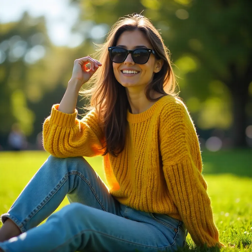 Sunlit Chic: Woman in Yellow Sweater Relaxing Outdoors