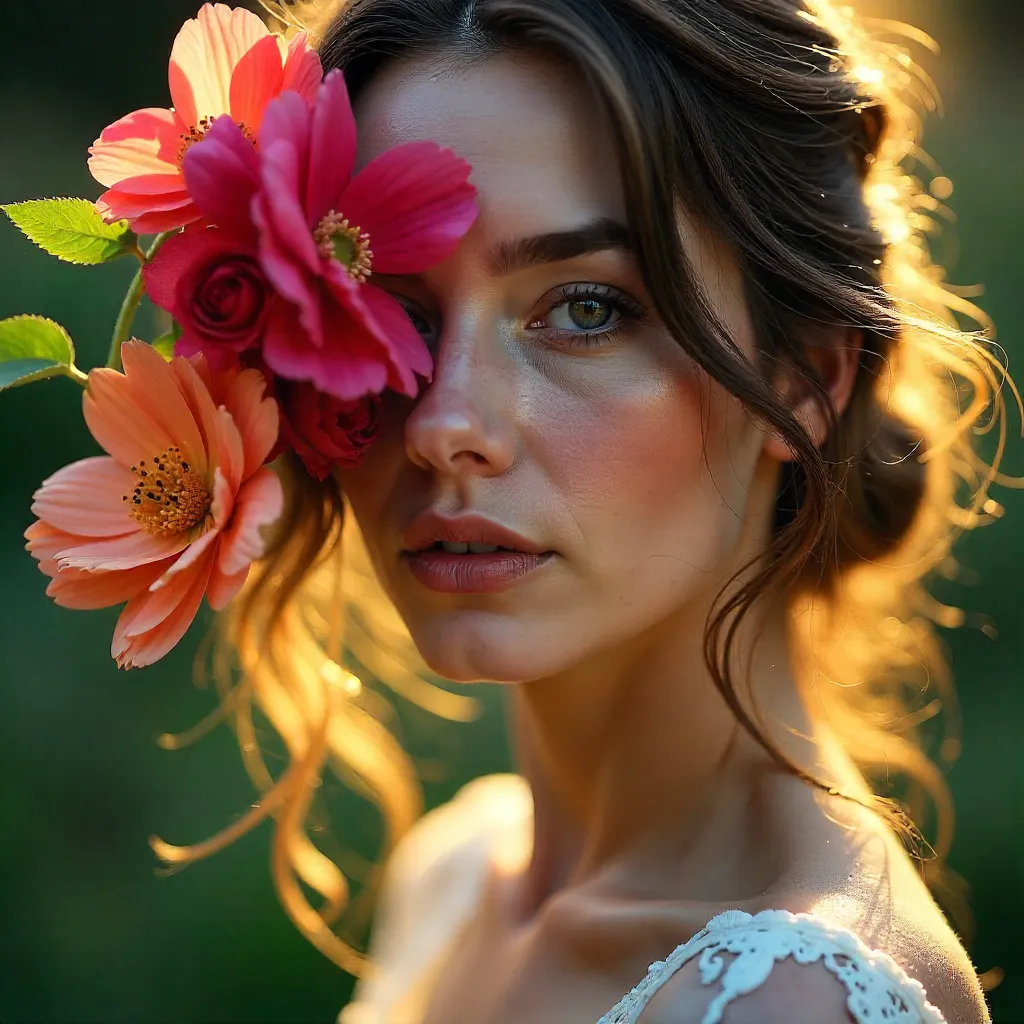 Ethereal Portrait: Woman Veiled by Colorful Flowers