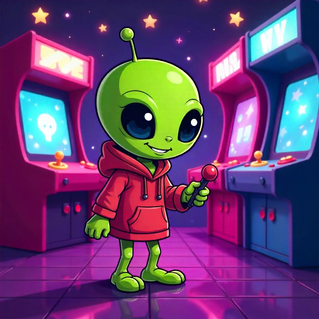 Cartoon Alien in a Neon Arcade