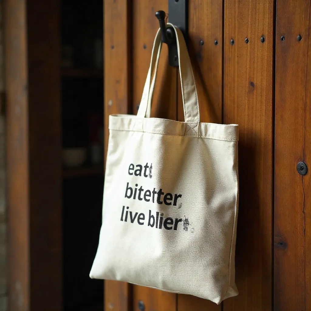 Tote Bag with 'Eat Better, Live Better' Quote on Wooden Door