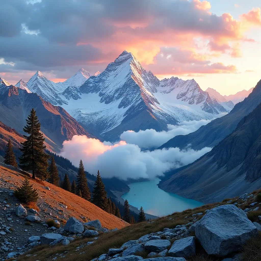 Sunrise over Nepal's Himalayan Peaks with Dramatic Clouds