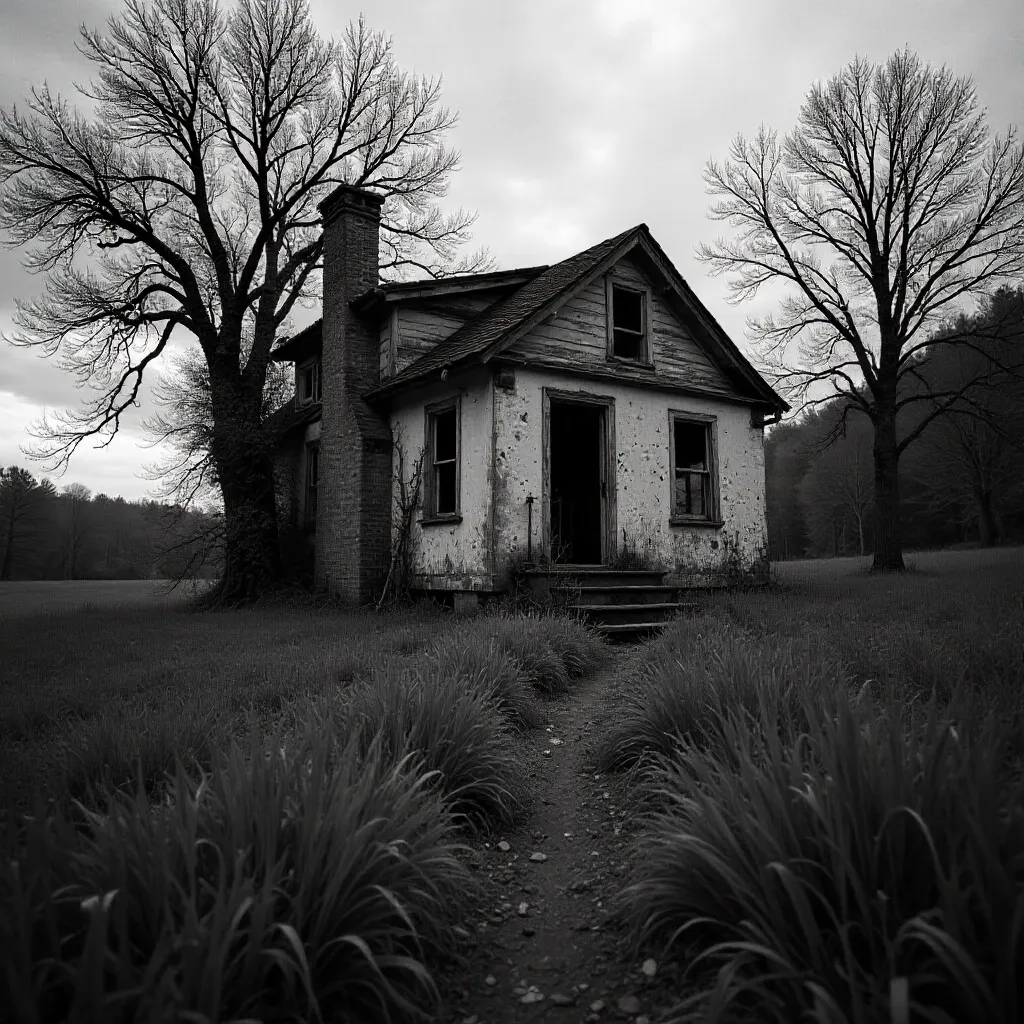Monochrome Silence: Abandoned Cottage in Overgrown Field