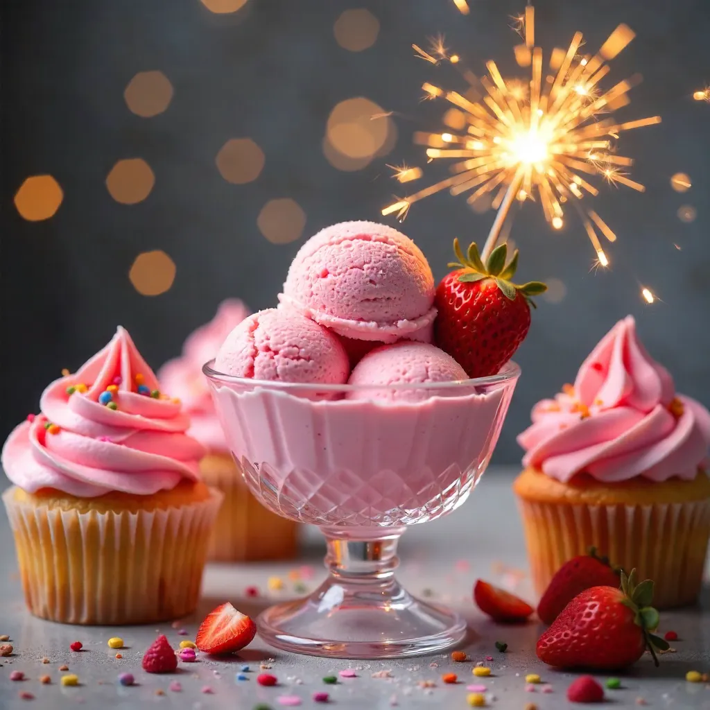 Festive Pink Ice Cream with Cupcakes and Sparklers