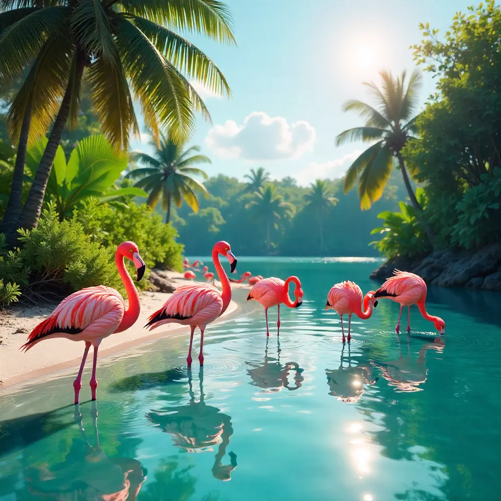 Flamingos Resting in Bright Sunlit Lagoon