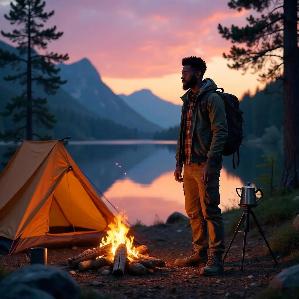 Photorealistic Young Black Man at a Camping Site