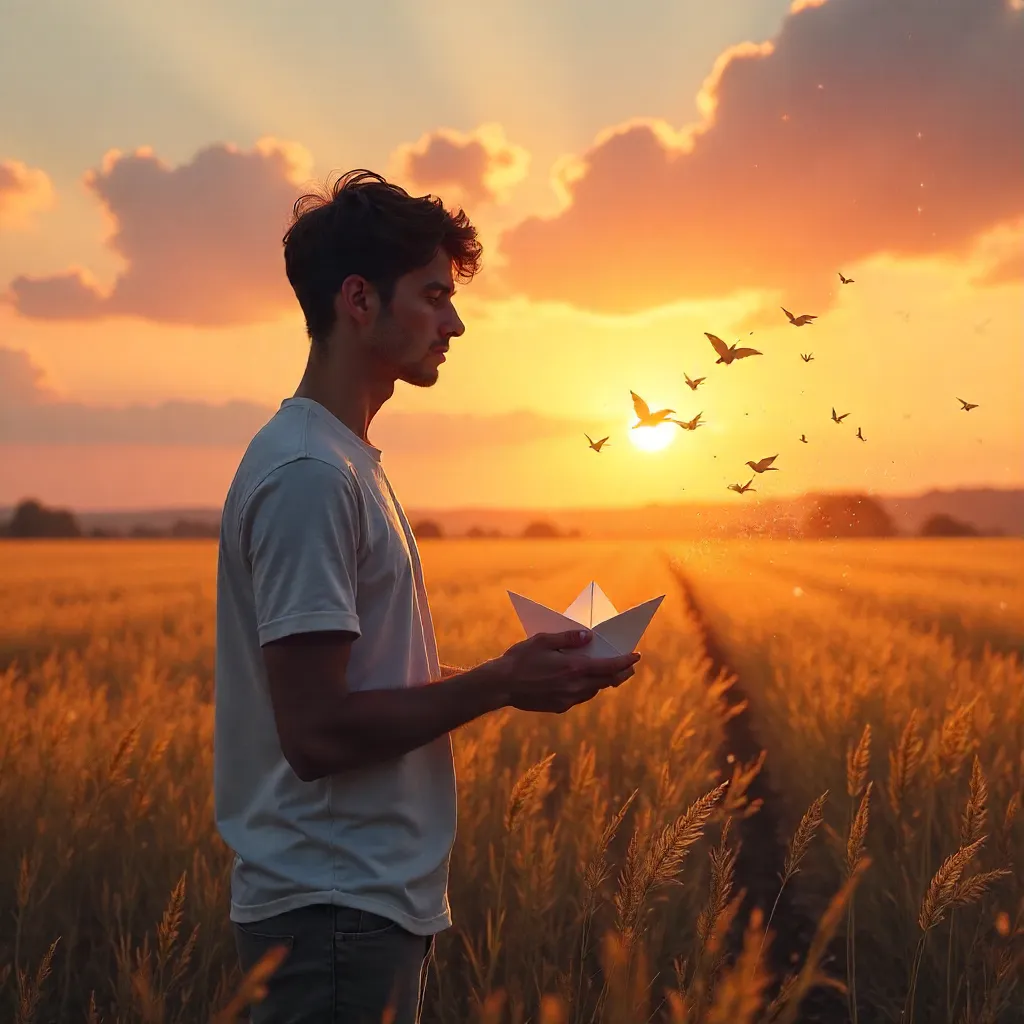 Sunset Dreams in a Field: Paper Boat Hope
