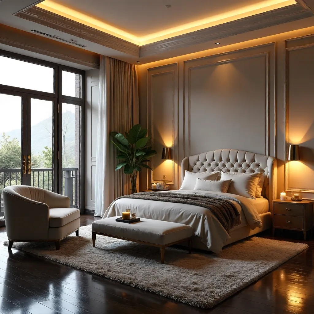 Elegant Plush Bedroom with Cozy Ambient Lighting