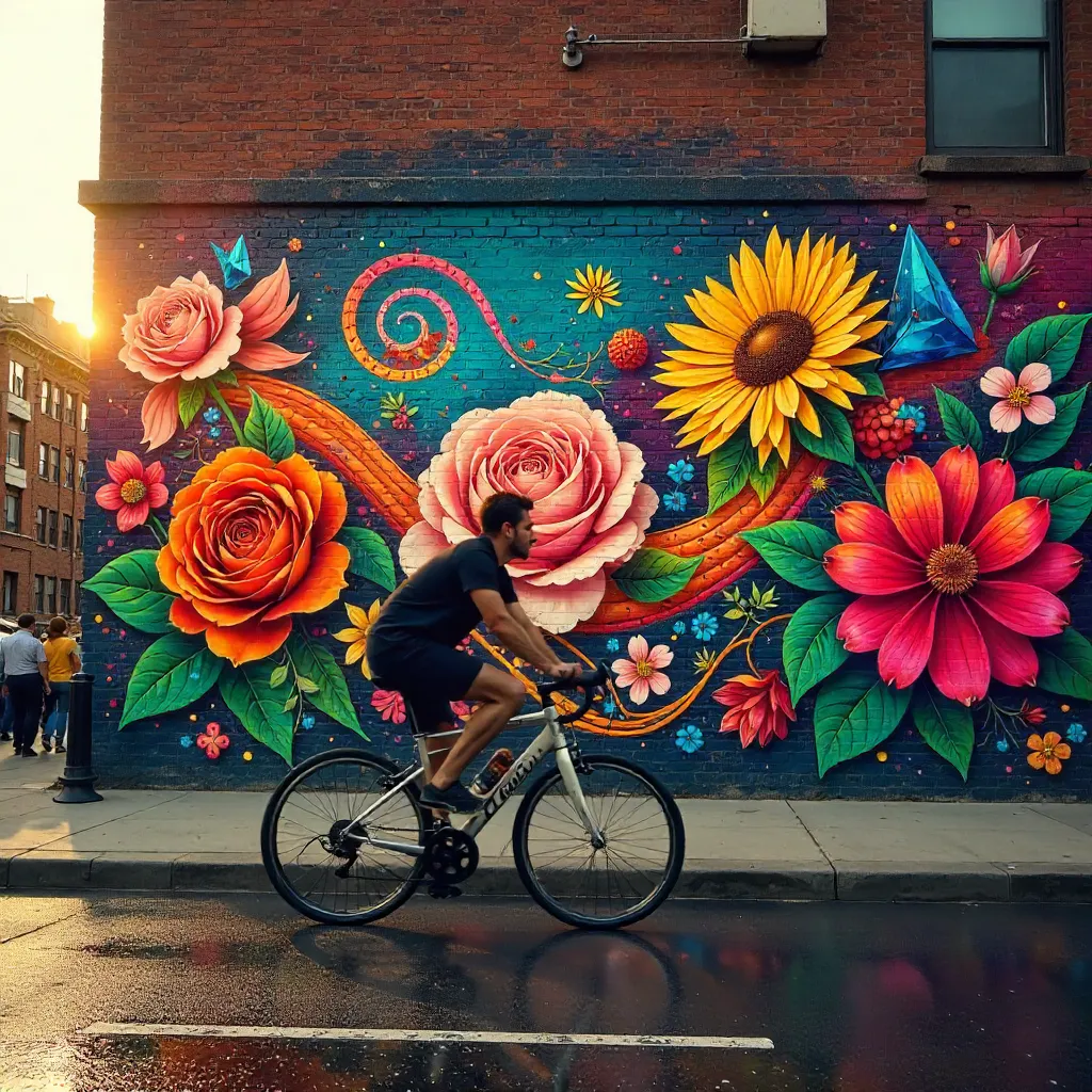 Cyclist Rides By a Flowered Abstract Mural