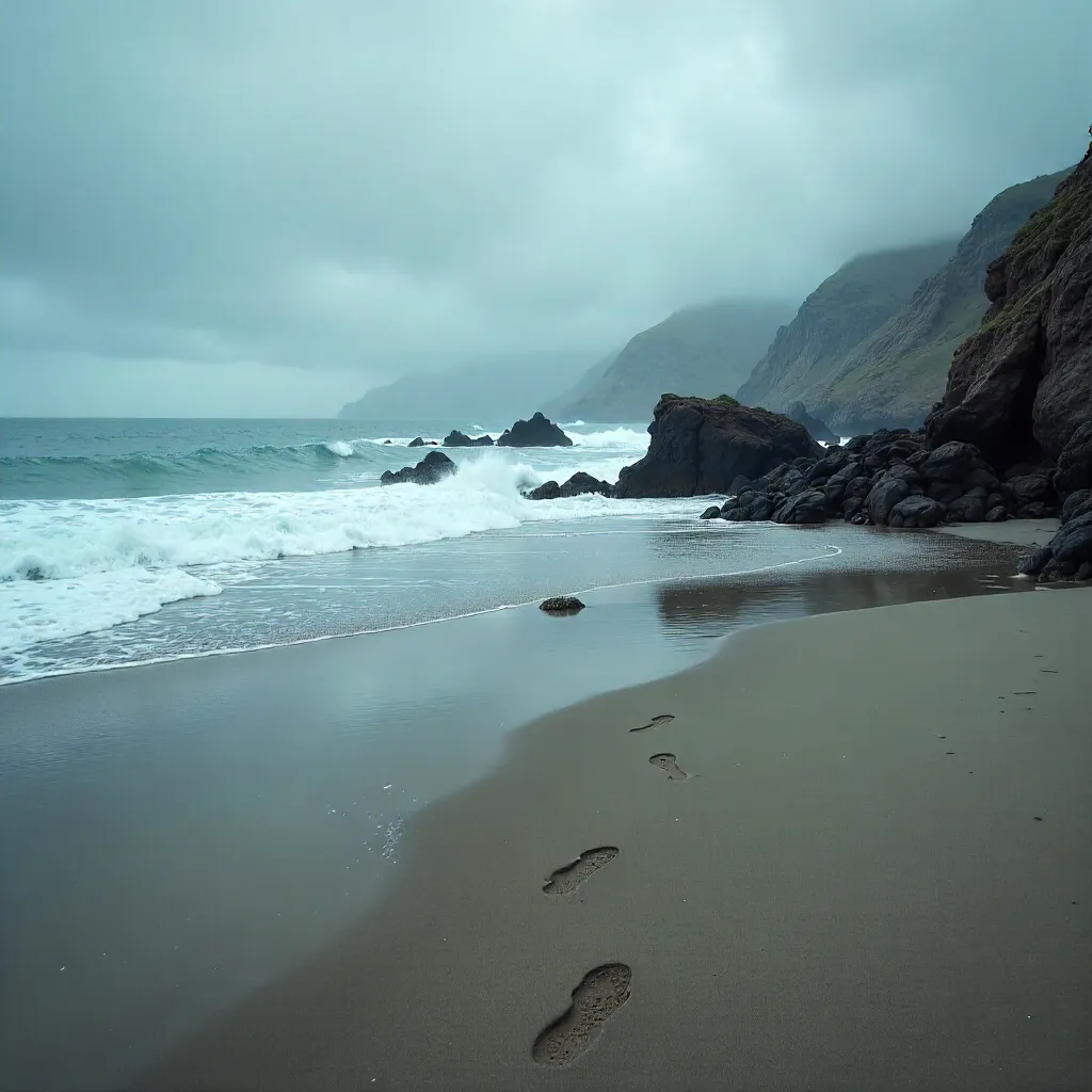 Serene Coastline: Footprints on a Gray Sea
