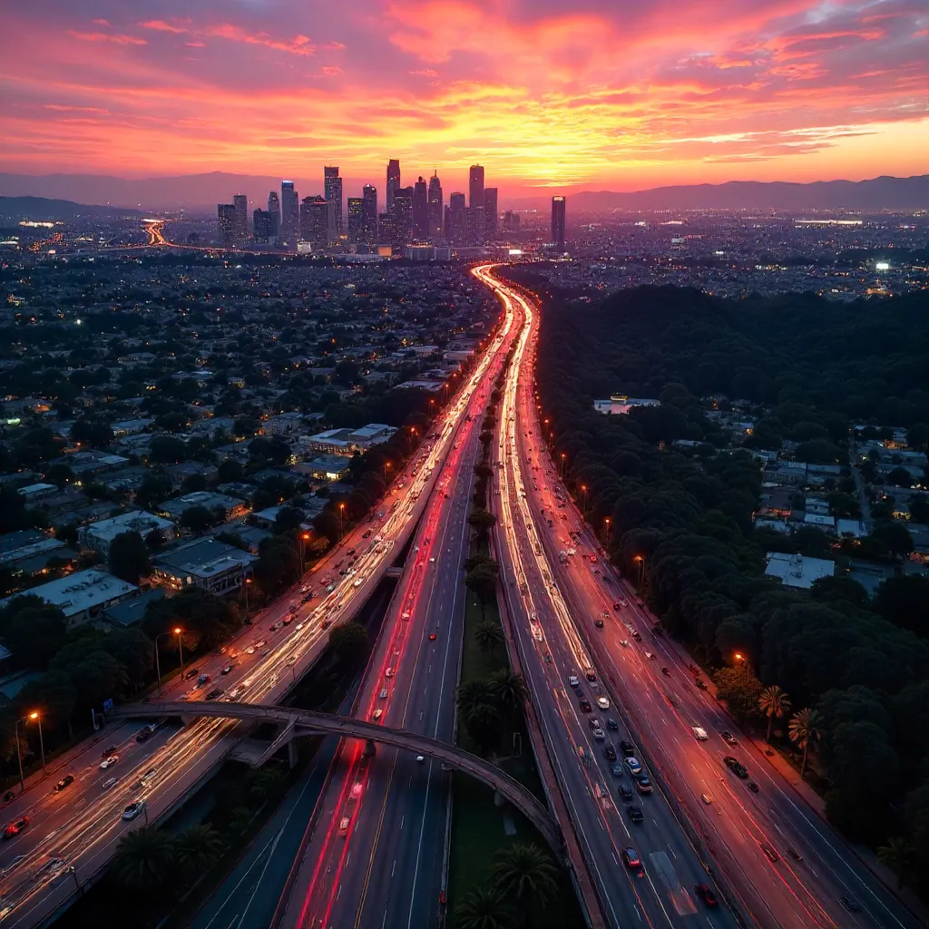 Dramatic Sunset Aerial: LA Freeways and Cityscape