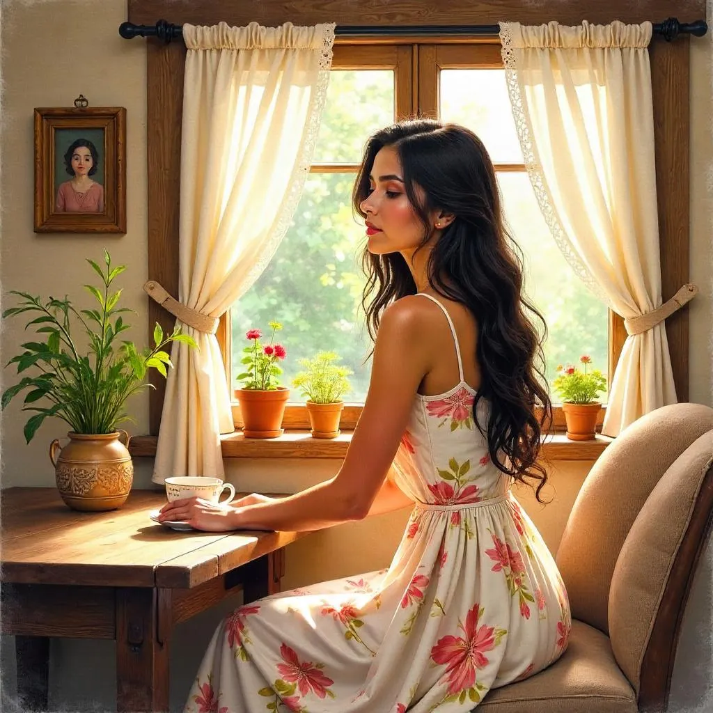 Latina Beauty in a Sunlit Watercolor Cottage