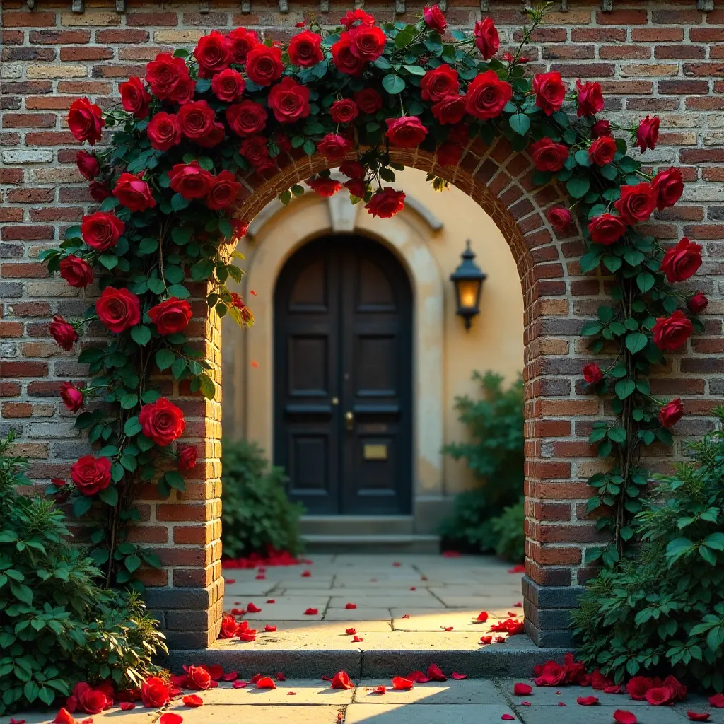 Vintage Brick Archway with Red Roses at Entrance