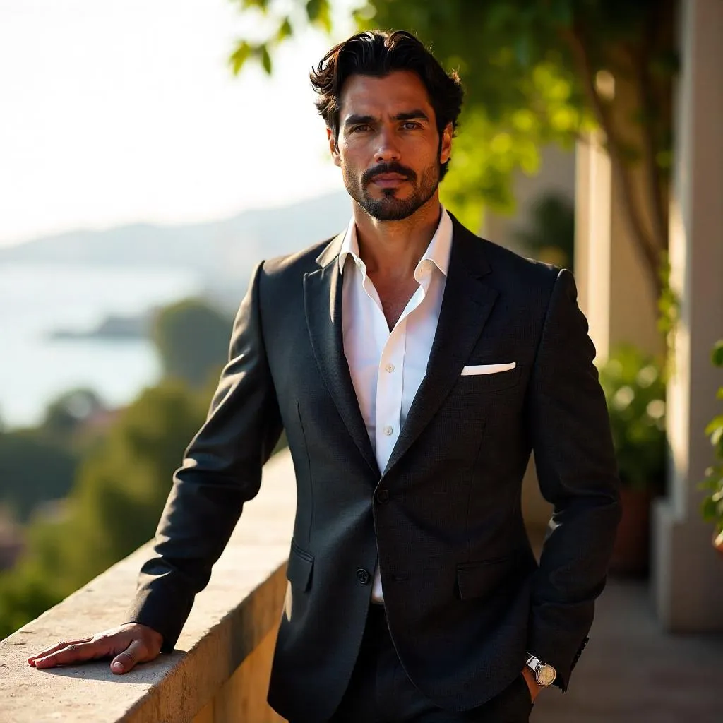 Elegant Latino Gentleman on a Sunlit Terrace