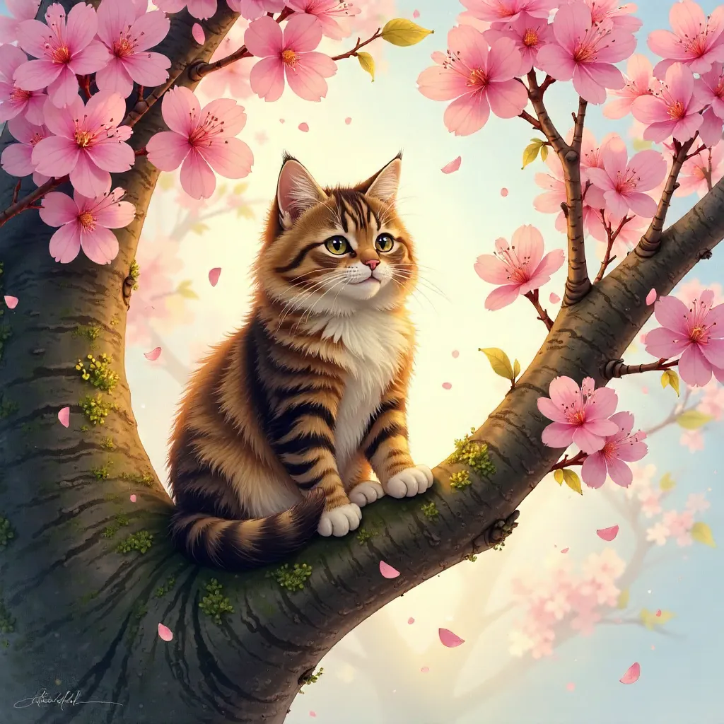 Cozy Cat in a Blooming Spring Tree